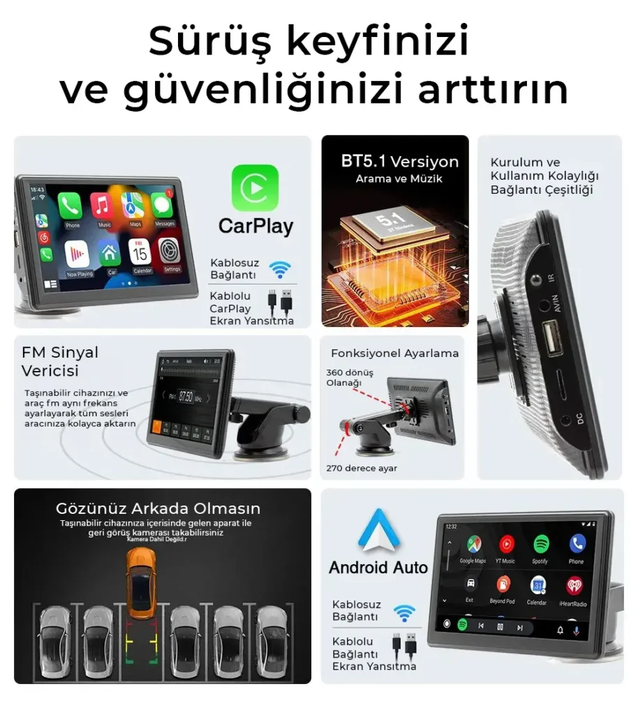 7 inç Taşınabilir Kablosuz CarPlay ve Android Auto 7 inç Taşınabilir Kablosuz CarPlay ve Android Auto