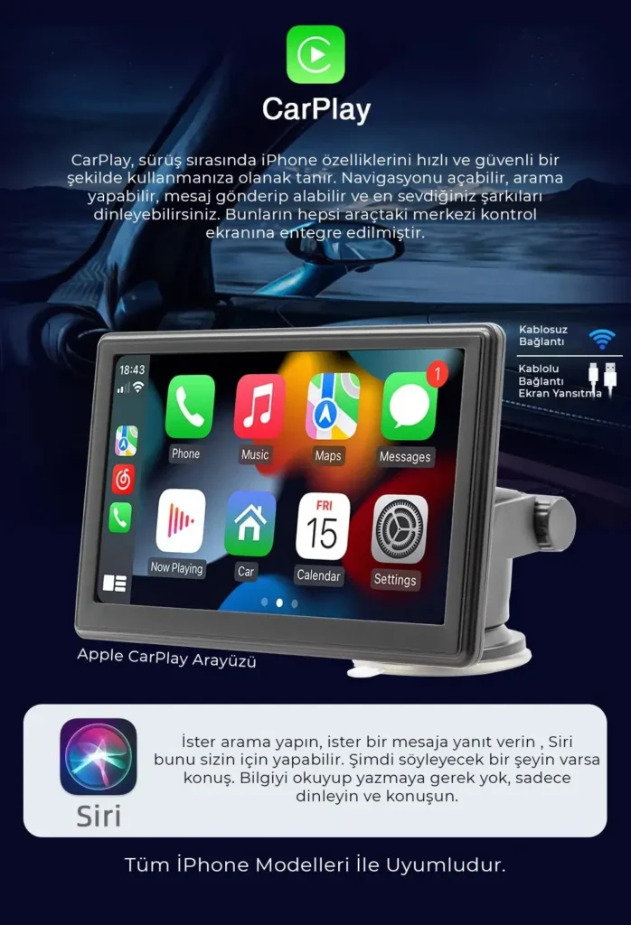 7 inç Taşınabilir Kablosuz CarPlay ve Android Auto