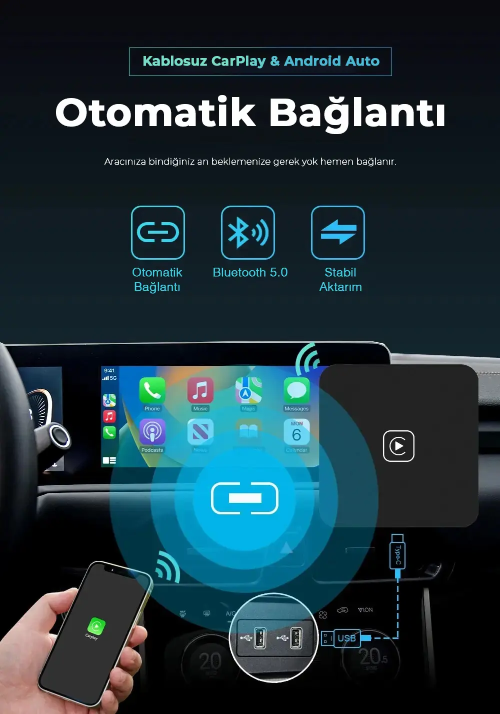 Kablosuz CarPlay ve Android Auto Adaptörü